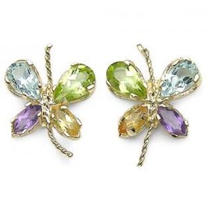 10K Solid Yellow Gold Amethyst Citrine Peridot and Swiss Blue Topaz Earrings